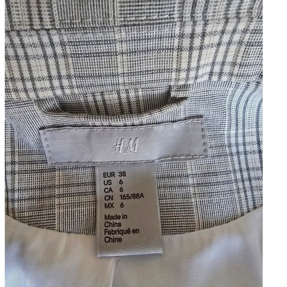 H&M Plaid Blazer Ruched Sleeve Open Front Women Size 6 Gray White - Picture 4 of 6
